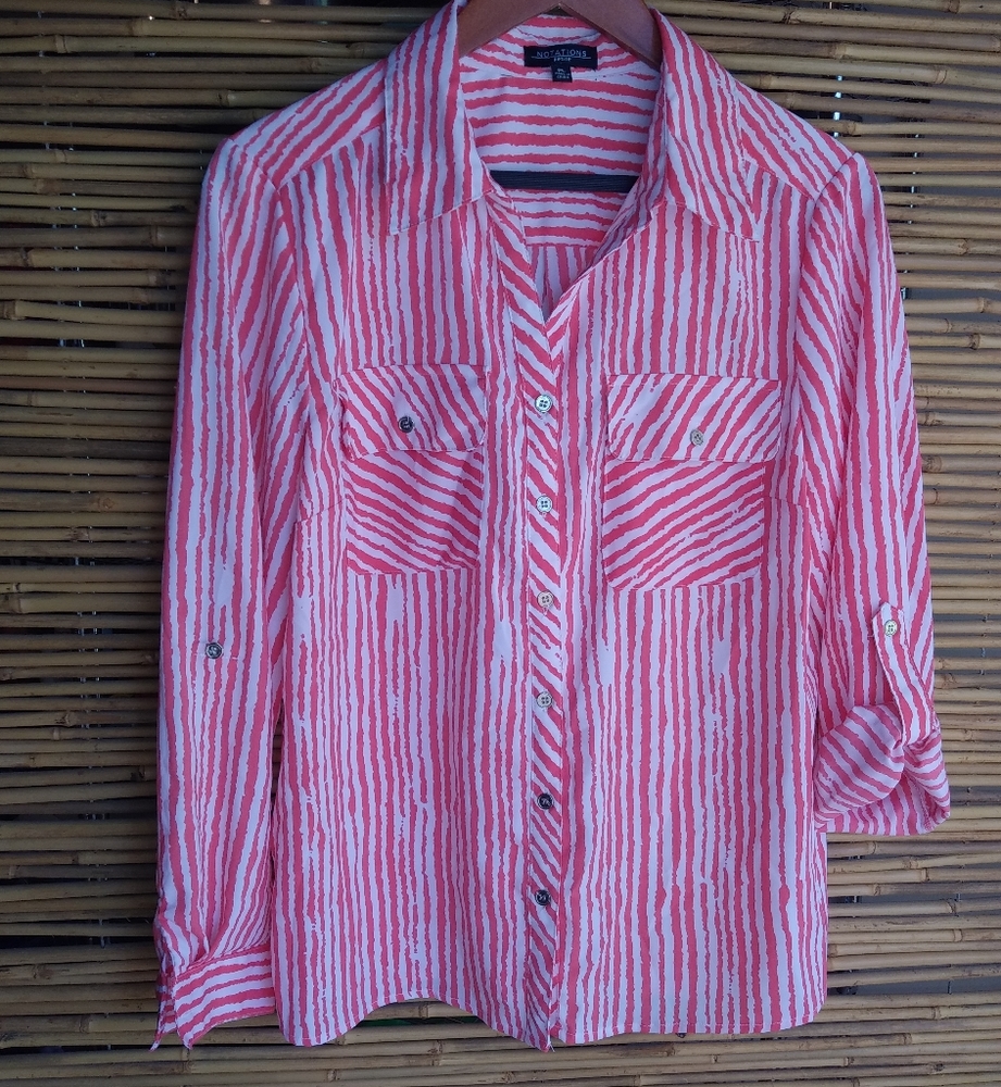 Notations LP Paint Brush Striped Pocketed Semi-Sheer Top Petite Coral Red White